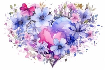 Watercolor Floral Heart Isolated on White Background. Generative AI