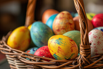 Fototapeta na wymiar Easter eggs in a woven basket