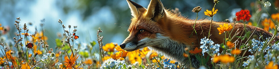 Obraz premium Wilder Rotfuchs auf einer Wiese voller Blumen und Schmetterlinge.