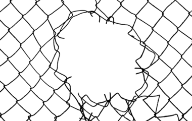 The texture of the metal mesh. Torn, destroyed, broken metal mesh on a white background