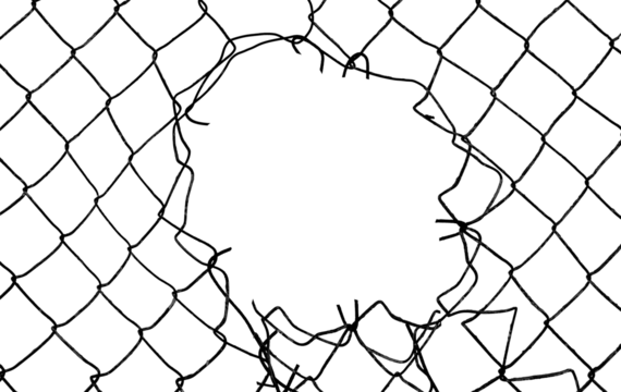 The texture of the metal mesh. Torn, destroyed, broken metal mesh on a white background