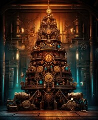 Fototapeta premium Steampunk style christmas tree, set in a steampunk style frame, 3d, neotraditional illustration