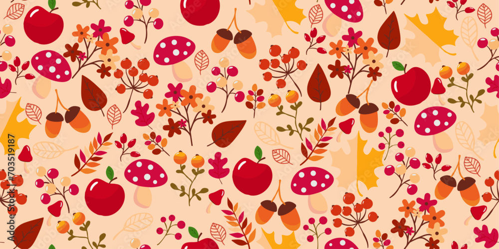Aufkleber autumn forest pattern with branches, mushrooms, acorns, flowers, apples. seamless and stylish patter