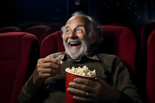 old man sitting in a movie theater chair eating popcorn, laughing and smile Generative AI