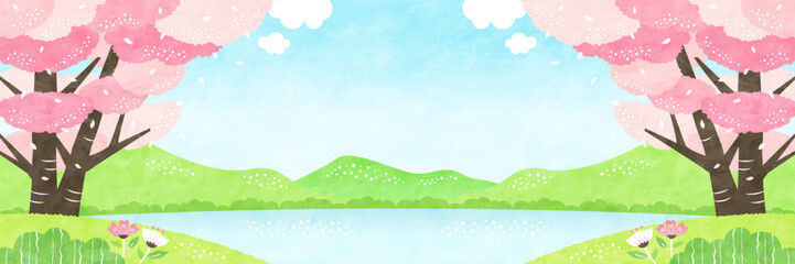 春の桜と自然の風景 青空ひろがる水彩背景イラスト