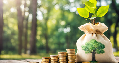 Financial and business growth with trees growing on coins, Plant growing in savings coins investment and interest concept, Business growth with a growing tree on a coin. Showing financial development - obrazy, fototapety, plakaty