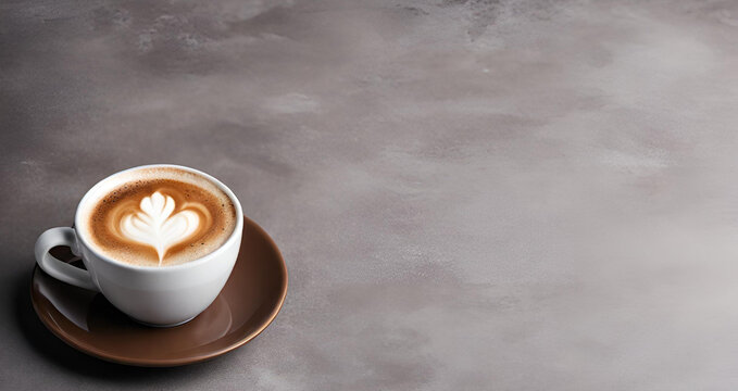 Photo close-up of coffee on table, White cup of hot latte coffee with beautiful milk foam latte art texture isolated on gray background. overhead view, copy space. advertising for cafe menu