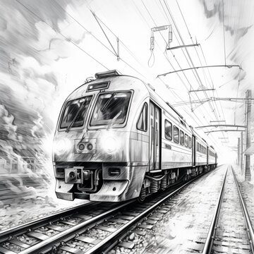 Pencil sketch electric train running image Generative AI