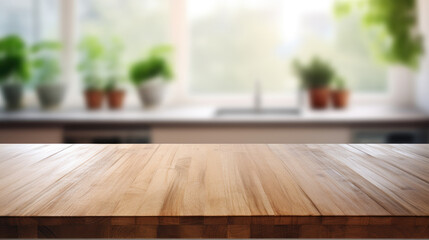 Wooden board empty table in front of blurred kitchen room background, product display montage.