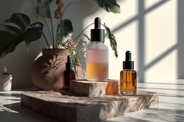 Beauty serum product pack shot, Modern minimalist setup, Clean lines. Generative AI. - obrazy, fototapety, plakaty