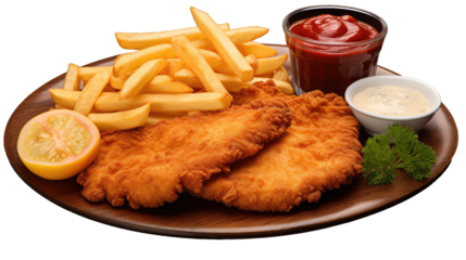 A German schnitzel with fries, lemon and ketchup, isolated on a transparent background