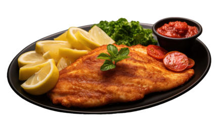 A German schnitzel with fries, lemon and ketchup, isolated on a transparent background