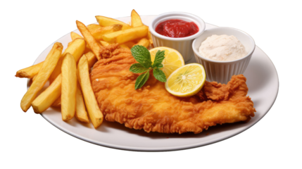 A German schnitzel with fries, lemon and ketchup, isolated on a transparent background