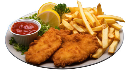 A German schnitzel with fries, lemon and ketchup, isolated on a transparent background 