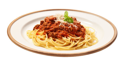 A plate of traditional Italian spaghetti bolognese topped with Parmesan cheese, isolated on a transparent backgroun