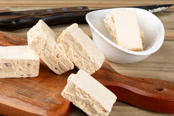 Typical nougat square. Selective focus.