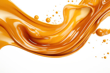 Splash of melted caramel sauce isolated on transparent background. Brown toffee wave splashing with droplets. Tasty confectionary - obrazy, fototapety, plakaty