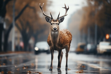 Wild animal on asphalt road in foggy morning, dangerous situation for driver on the road. Deer...