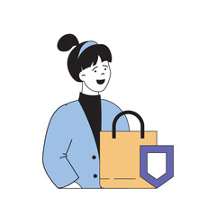Shopping concept with cartoon people in flat design for web. Woman making bargain purchases online with protection deal for paying. Vector illustration for social media banner, marketing material.