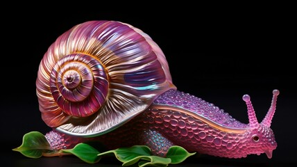 A deep purple snail with iridescent highlights, exploring the delicate petals of a blooming flower  -Generative Ai