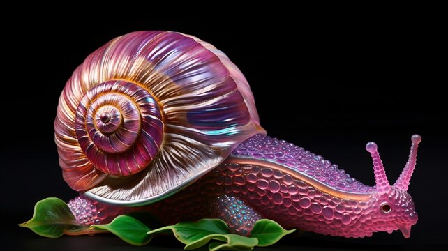 A deep purple snail with iridescent highlights, exploring the delicate petals of a blooming flower  -Generative Ai