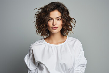 Fototapeta premium A beautiful woman with wavy hair looking at the camera on a pastel background. Generative AI.