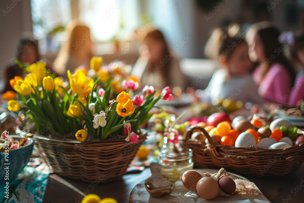 Wall mural family having festive dinner together. table setting with traditional food and spring flowers for ea - Wall murals