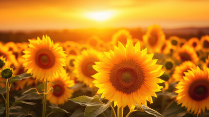 Fototapeta premium Wide field of sunflowers in summer sunset, panorama blur background. Autumn or summer sunflowers background. Shallow depth of field.
