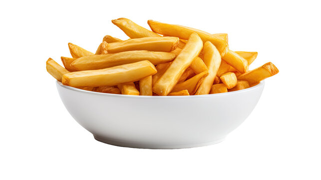  A white bowl filled with delicious french fries, fast food, white background