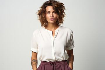 A stylish wavy haired woman standing with hands on pocket on a light background. Generative AI.