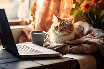 A cute cat lies on the desktop on which there is a laptop, a plant, a cup, a diary. Generative AI