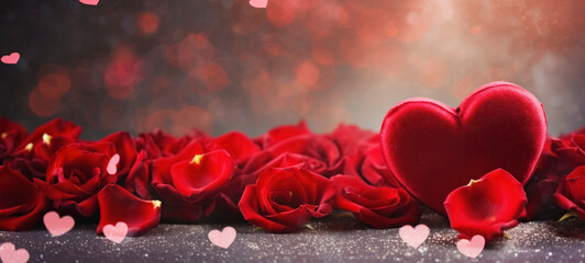 Background with roses and hearts for Valentine's Day. Horizontal banner