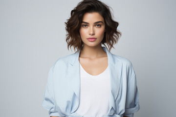Fototapeta premium A beautiful woman with wavy hair looking at the camera on a pastel background. Generative AI.