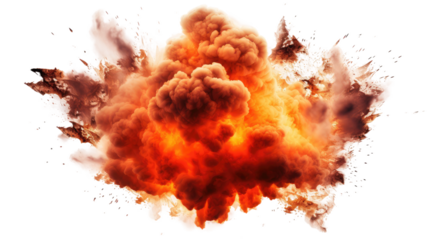 An explosion with fire in the center and smoke around the edge, isolated on a transparent background