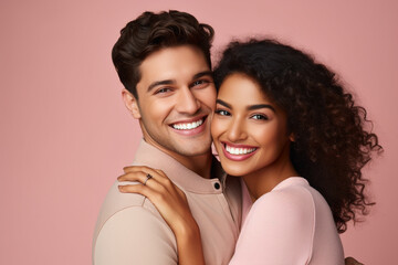 Portrait of a cheerful interracial couple hugging each other on pastel background. Generative AI.