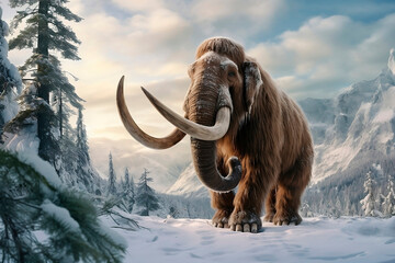 A mammoth in the winter forest - obrazy, fototapety, plakaty