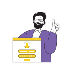 Contact us concept with cartoon people in flat design for web. Man making online registration for getting information and support. Vector illustration for social media banner, marketing material.