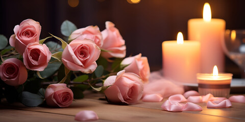 Obraz na płótnie Canvas A scene of a beautifully set romantic dinner table with candles roses background for valentine day concept 