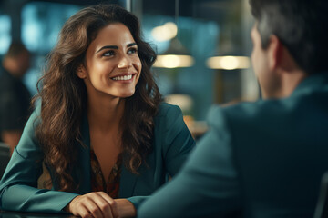 Cheerful young businesswoman smiling during meeting with client in a cafe. Generative AI. - obrazy, fototapety, plakaty