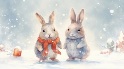Obraz premium Cute funny watercolor Christmas bunnies in winter