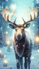 Fototapeta premium Cute funny watercolor Christmas moose in a winter scene