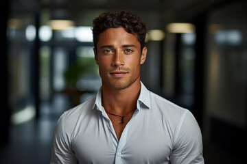 Obraz premium Portrait of a confident muscular man looking at the camera on blurred background. Generative AI.