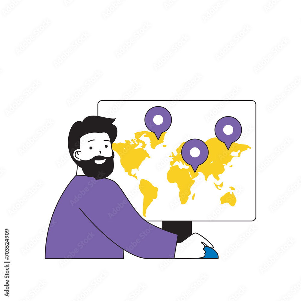 Poster contact us concept with cartoon people in flat design for web. man connecting online with clients by