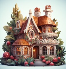 Obraz premium Gingerbread Christmas gingerman gingerbread cottage with greenery on top