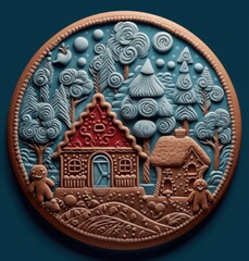Gingerbread house and gingerbread man on a round plate with trees in the background