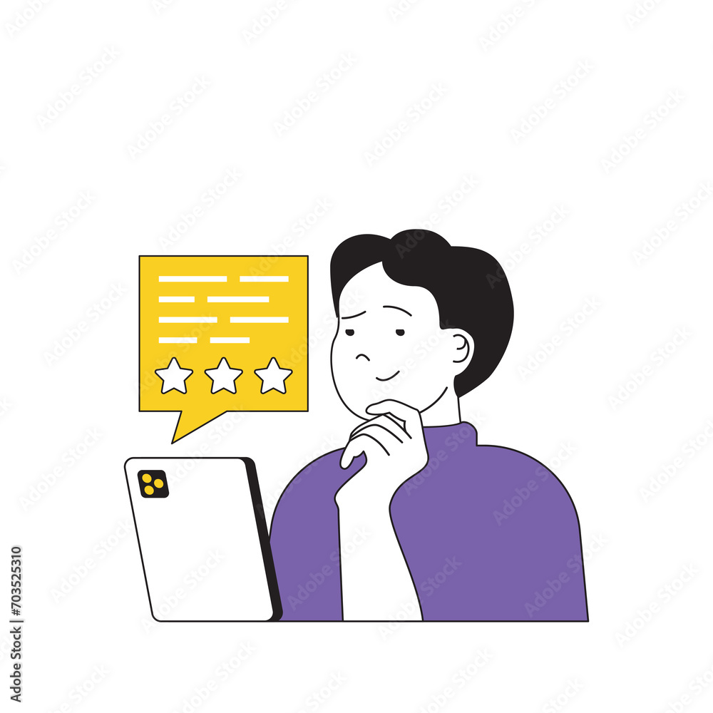 Poster contact us concept with cartoon people in flat design for web. man getting feedback messages with be