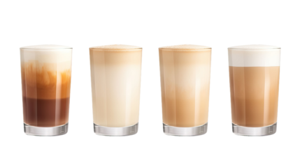 Four different latte macchiato, isolated, white background