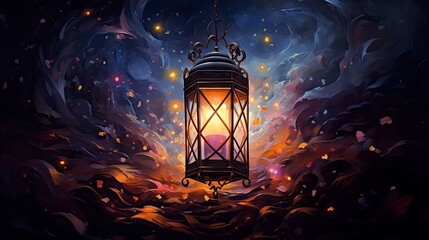 Fototapeta na wymiar Modern Acrylic painting, one lantern, stars, Foxglove, dark tones, whimsical atmosphere, intricately detailed art, with generative ai