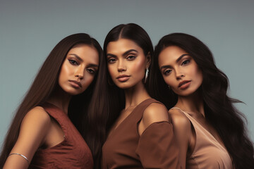 Three attractive young women looking at camera standing on grey background. Generative AI.