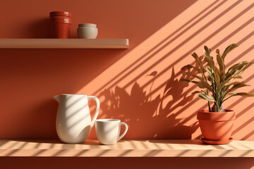 Houseplants on wooden shelf in sunlight. Interior design for living area. Generative AI.